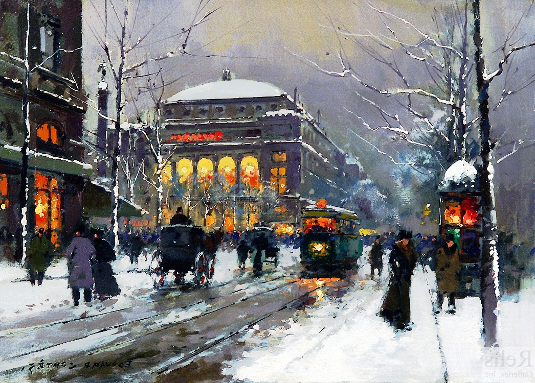 a Reginald E. Saunders painting of people walking down a snowy street
