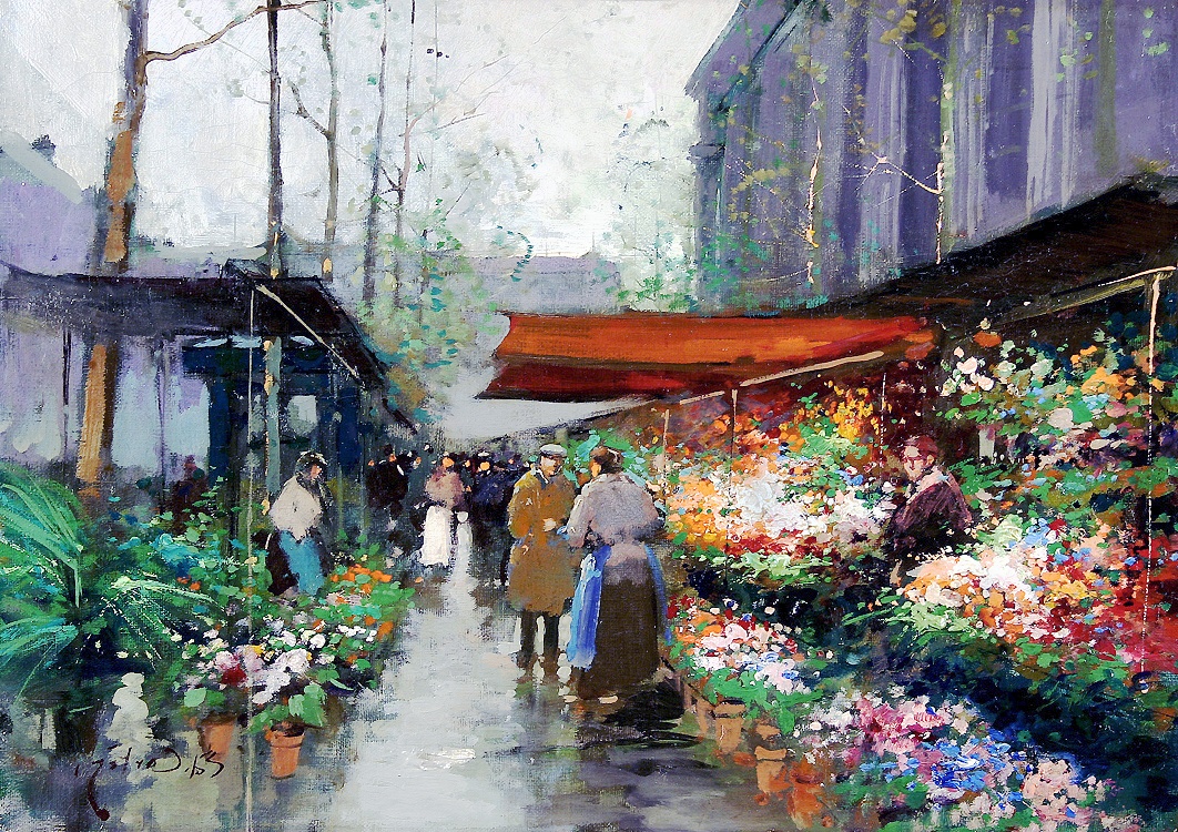 a Reginald E. Saunders painting of people walking through a flower market