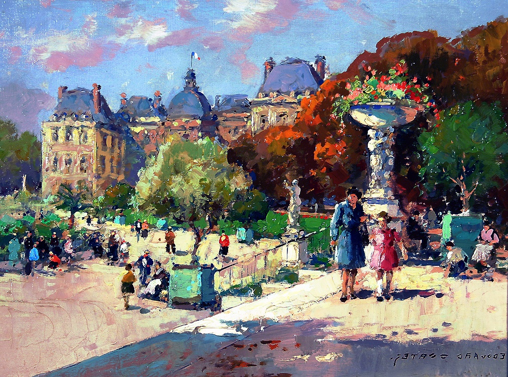 a Reginald E. Saunders painting of people walking in a park