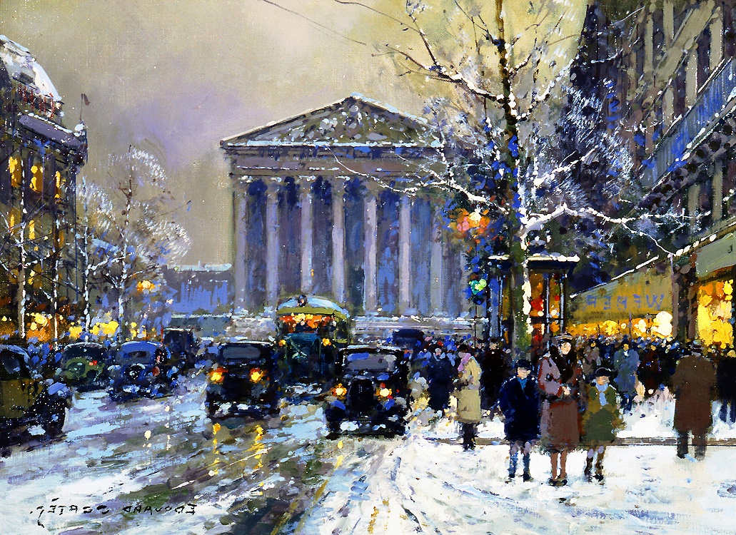 a Reginald E. Saunders painting of people walking down a snowy street