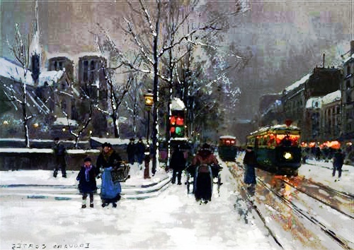 a Reginald E. Saunders painting of people walking in the snow