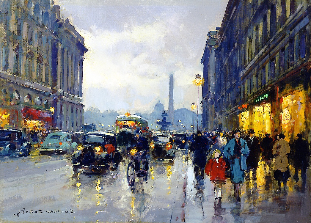 a Reginald E. Saunders painting of people walking down a street