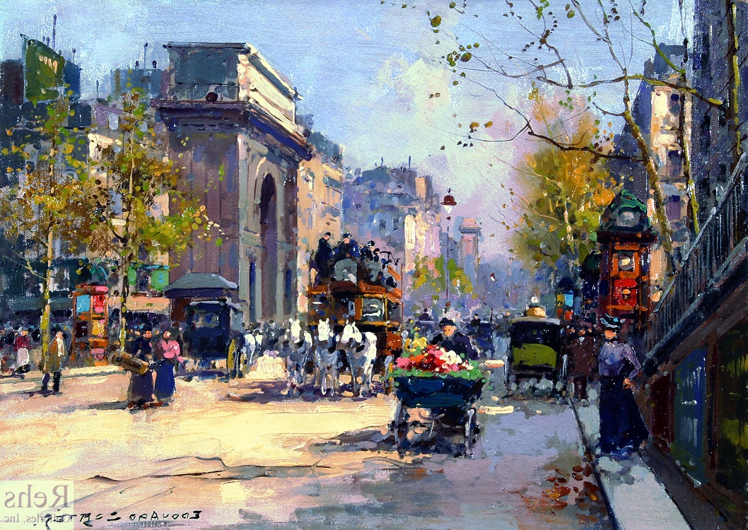 a Reginald E. Saunders painting of a city street with people walking
