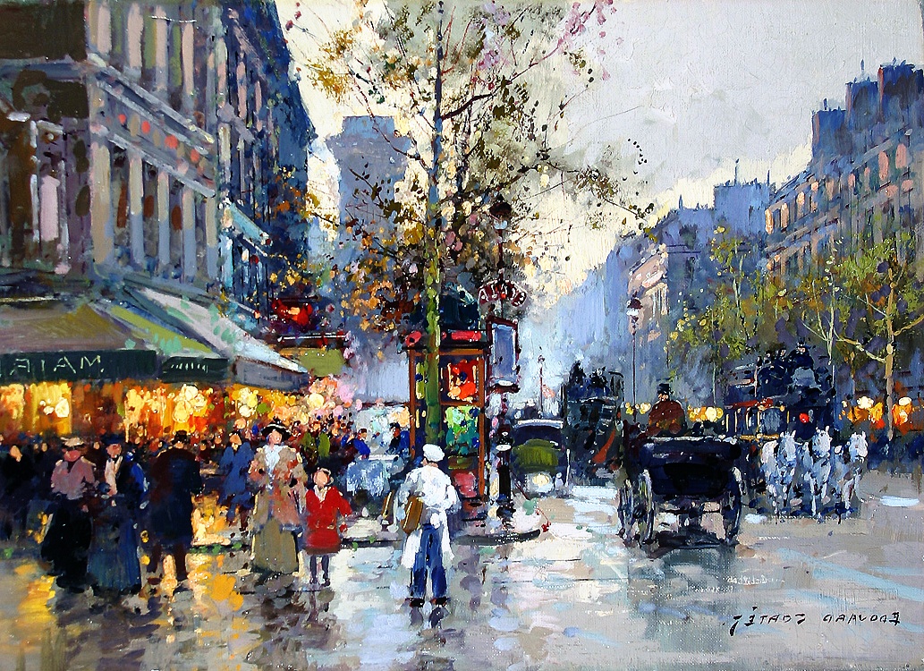 a Reginald E. Saunders painting of people walking down a street